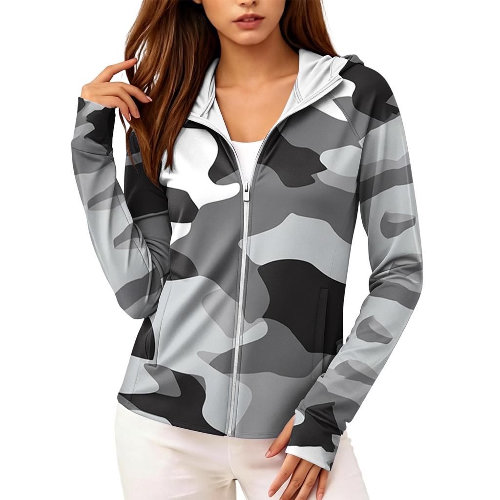 Women's Lightweight Zip Up Hoodie with Hood and Pockets Long Sleeve Camouflage Sun Protection Jacket for Outdoor Activities