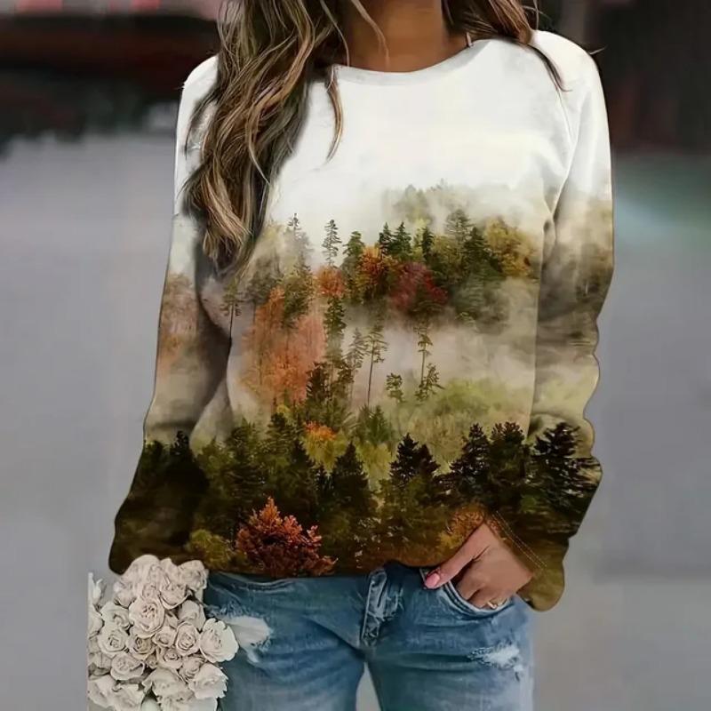 Элегантный женский топ с круглым вырезом и длинным рукавом, новая осенняя толстовка с длинным рукавом с 3D-цветочным принтом, свитшот, женская одежда больших размеров