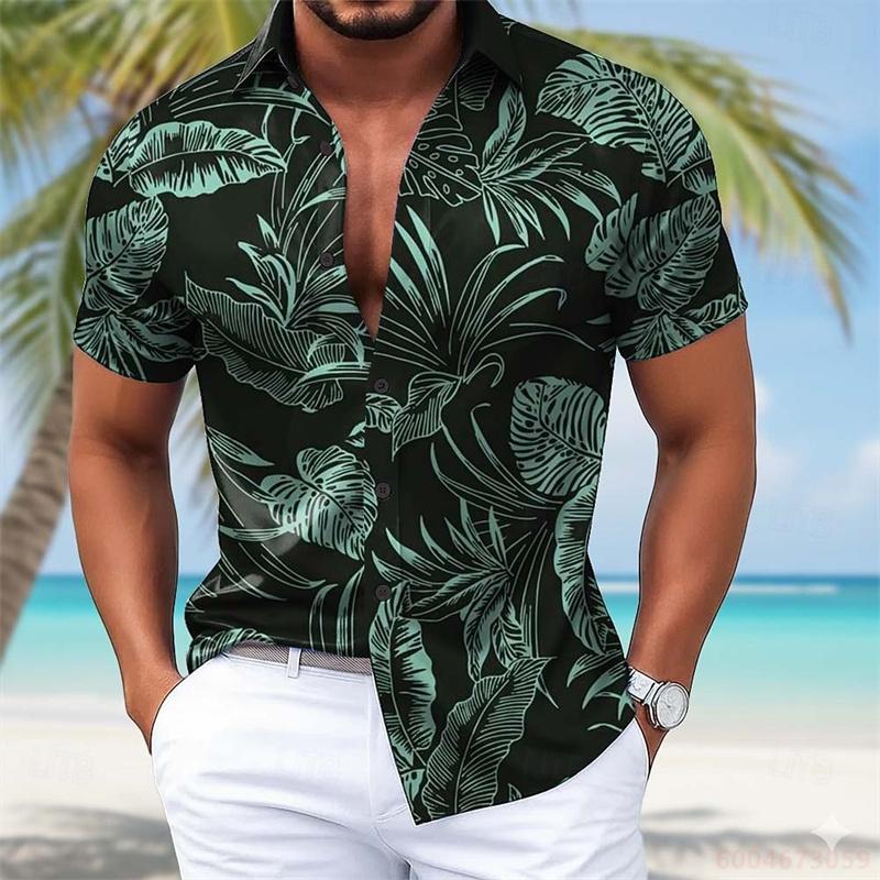 Summer Lightweight Men's Collared Shirt, Gradient Wavy Print, Stylish Casual Vacation Loose Hawaiian Style Men's Shirt, XS-6XL