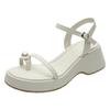 Sandals Women's Summer New Toe One-word Buckle with Pearl White Sandals Fairy Wind Platform Beach Roman Shoes