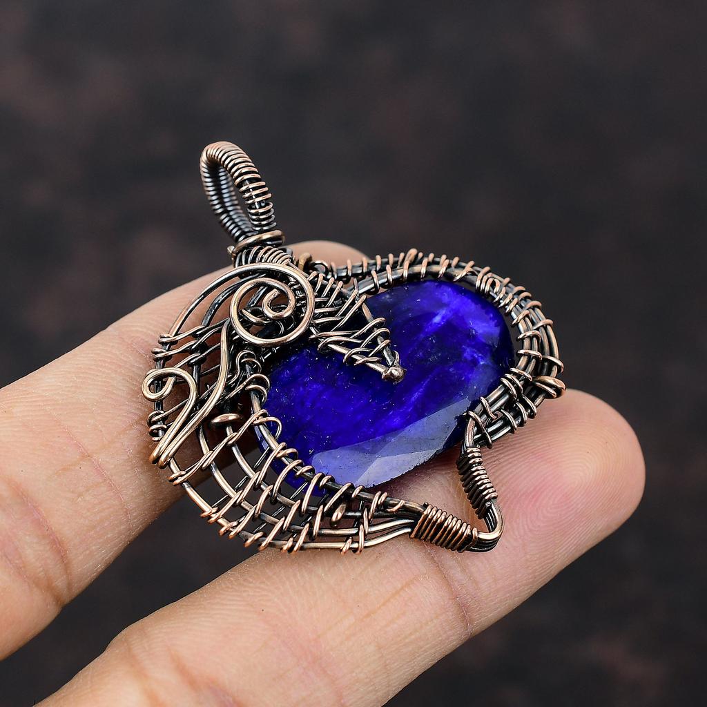 Faceted Blue Sapphire Pendant Copper Wire Wrapped Pendant Gemstone Pendant Handmade Copper Jewelry Engagement Gift Amazing Wire Wrap Jewelry