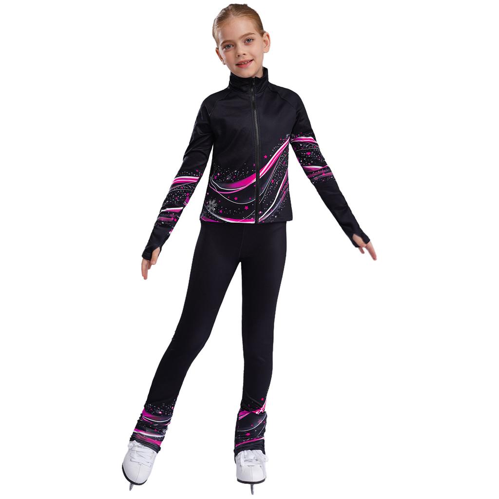 Kids Figure Skating Jacket Set Stand Collar Long Sleeve Printed with Leggings for Workout