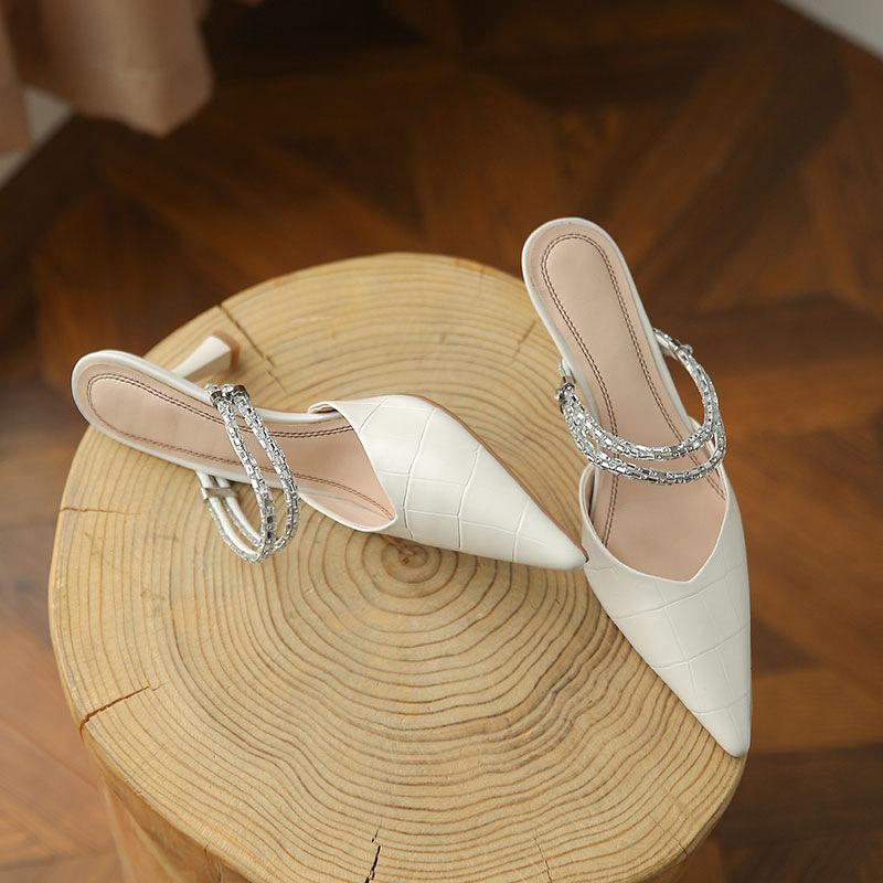 2025 летние новые сандалии с застежкой-мешком женские летние две модели с острым носком на высоком каблуке со стразами снаружи тонкие каблуки классные тапочки