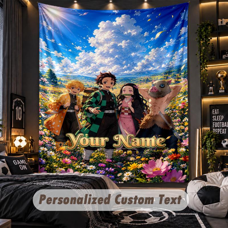 Personalized Wall Tapestry,Demon Slayer Custom Printed Name, Fabric Wall Art For Indoor Room Backdrop