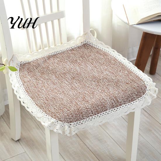 Minimalist Chair Mats for Study Cotton Linen Pad with Ties, Striped Plaid Mat French Pastoral Style Seat Pads Lace Trim, Breathable Dining Office