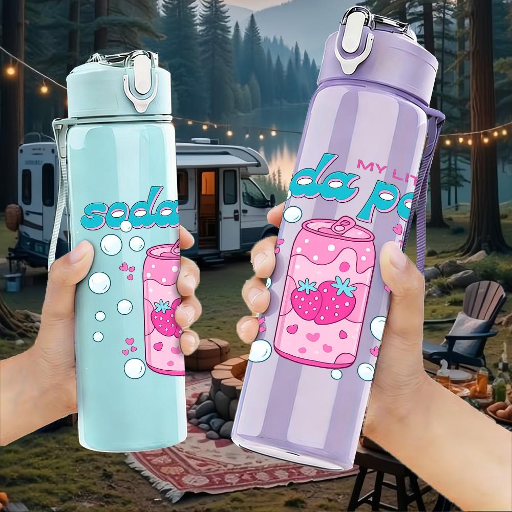 1PC Soda Pop Pink Can Retro Art Print 750ml Color Plastic Sports Water Bottle Leakproof Flip Straw Lid Suitable for Sports Office Home Use