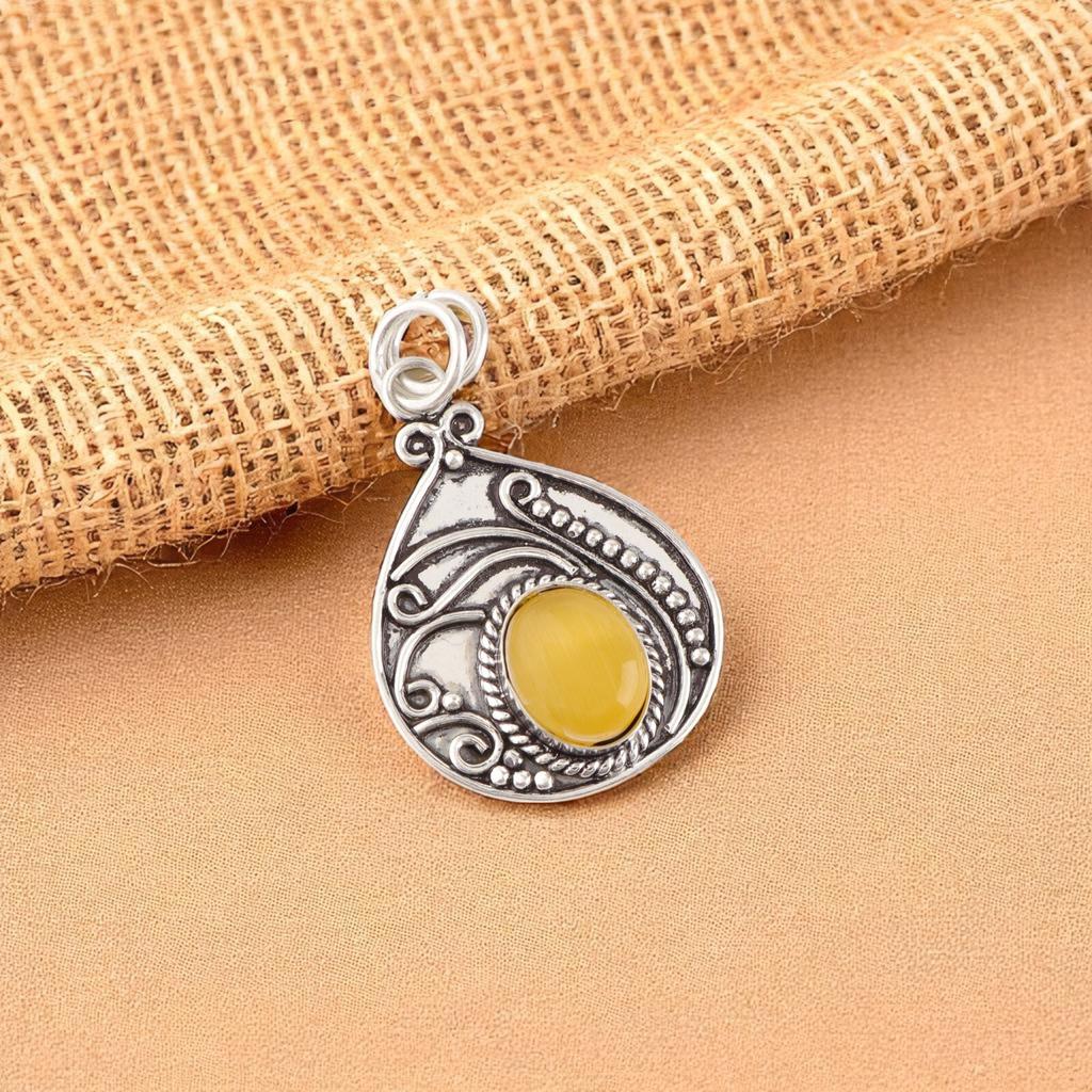 Yellow Cat's Eye Gemstone 925 Sterling Silver Jewelry Handcrafted Pendant 1.45" PP-27-35
