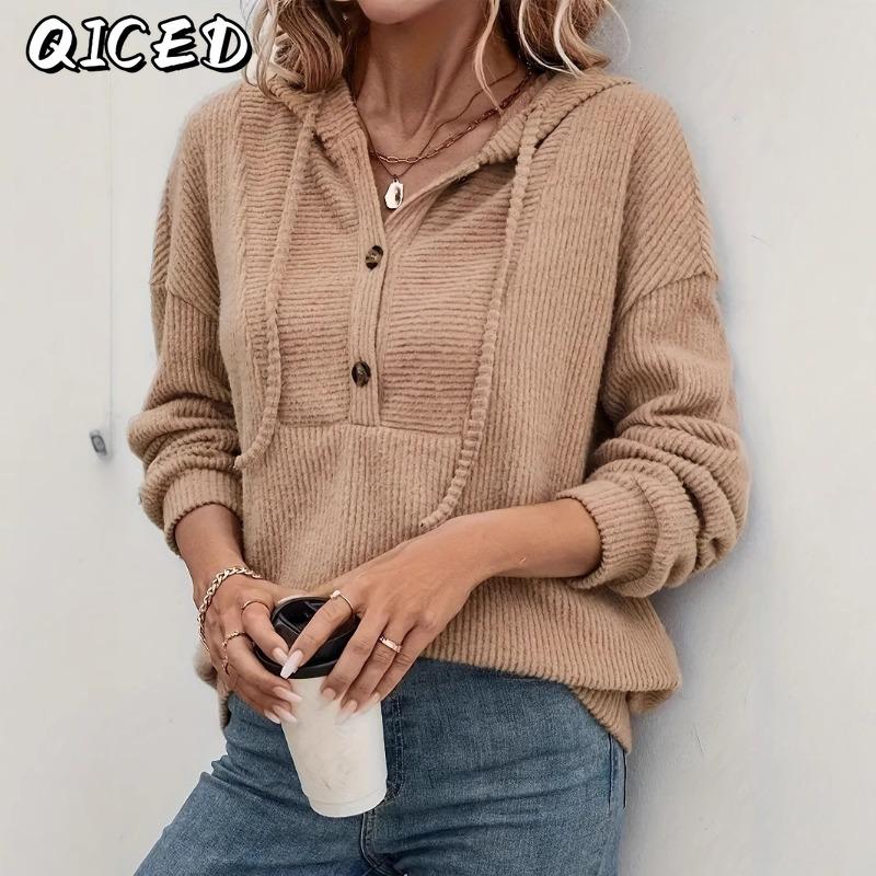 QICED Женская мода, повседневные однотонные свободные свитера с длинными рукавами, осень-зима с принтом
