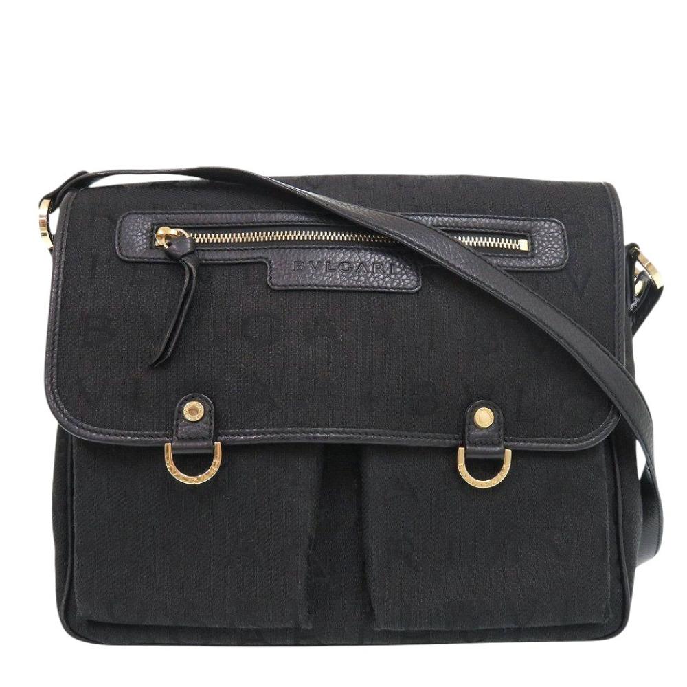 Used AUTHENTIC BVLGARI Logo mania Black Canvas Shoulder Bag