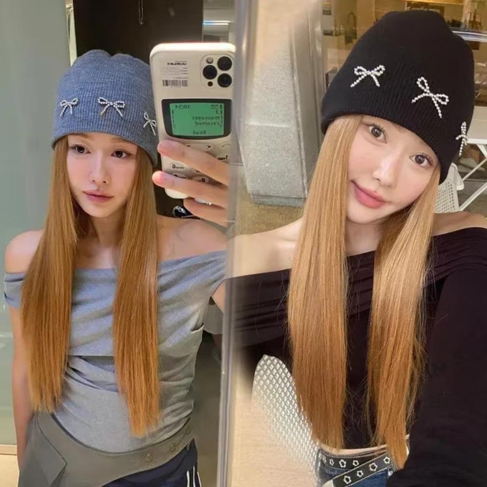 Шапка-бини для защиты ушей, шапка-боннет с металлическим бантом, шапка Y2K, зимняя шапка, женская