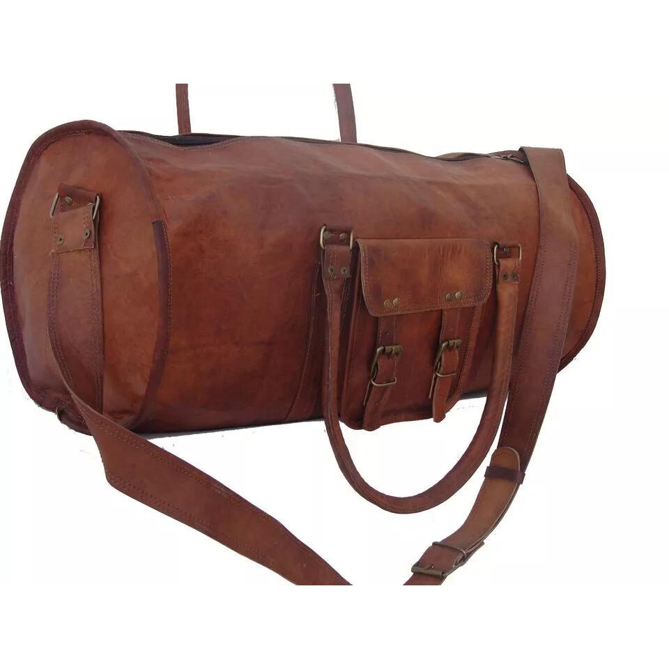 Men's Brown Vintage Genuine Goat Leather Travel Luggage Duffle Gym Bags