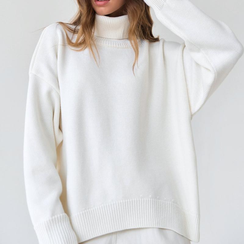 Женский свитер с высоким воротом, осенне-зимний свободный свитер, классический универсальный однотонный женский вязаный свитер-пуловер