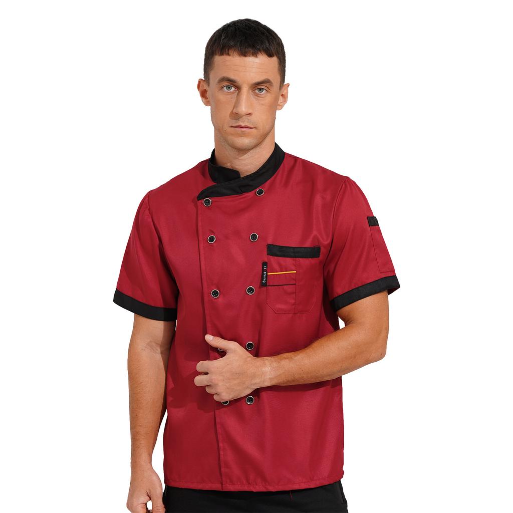 Мужская куртка шеф-повара с коротким рукавом, контрастный цвет, вырез на пуговицах спереди, униформа для персонала кухни, ресторана или отеля