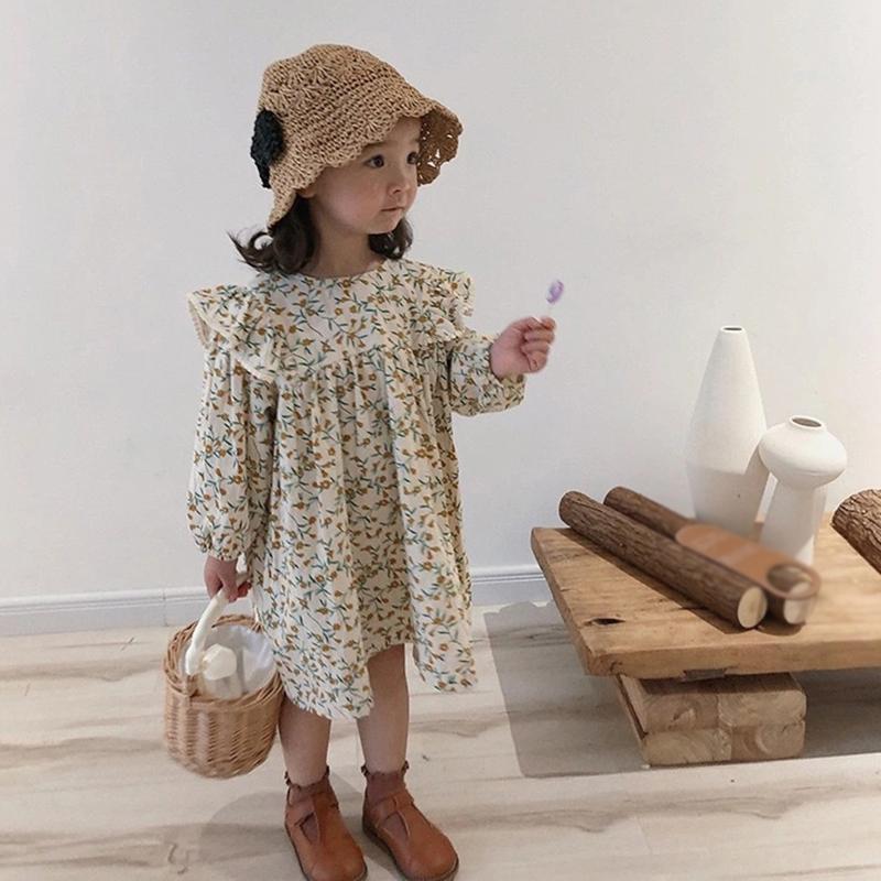 Детское платье с цветочным принтом для девочек, хлопковое платье с длинными рукавами и оборками, детское платье