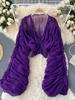 Summer Sexy Draped Chiffon Blouse For Women Elegant V-Neck Puff Long Sleeve Short Tops Female Slim Party Shirts New Fashion