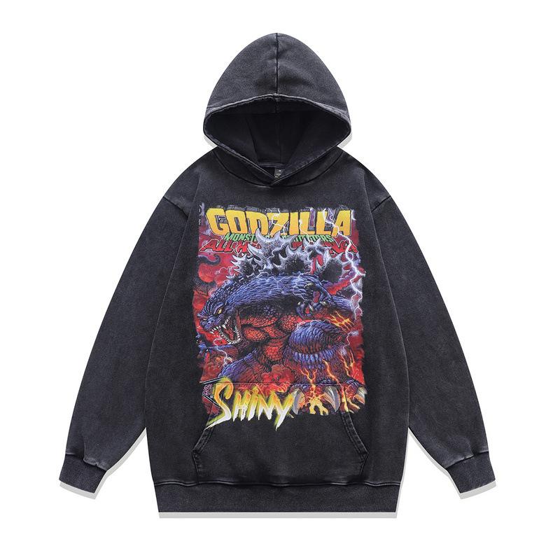 430G Heavy Cotton Hoodie Jacket Retro Cartoon Direct Injection Printing Fried Color Sweater For Men And Women