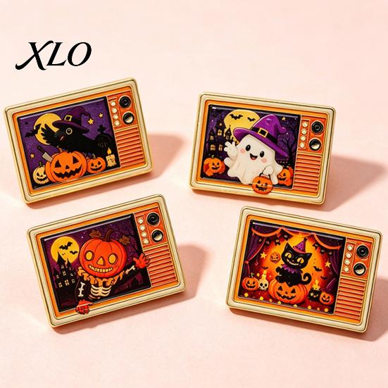 Halloween Party Accessory Retro TV Brooch for Halloween, Pumpkin Ghost Black Cat Crow Vintage Badge, Holiday Lapel Pin Sweaters Jackets Scarves