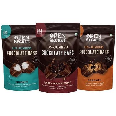 Open Secret Dark, Caramel, Coconut Chocolate Gift Pack | Healthy Premium Snacks Item For Ladies | No Refined Sugar | Pack of 3-4 Bar Each