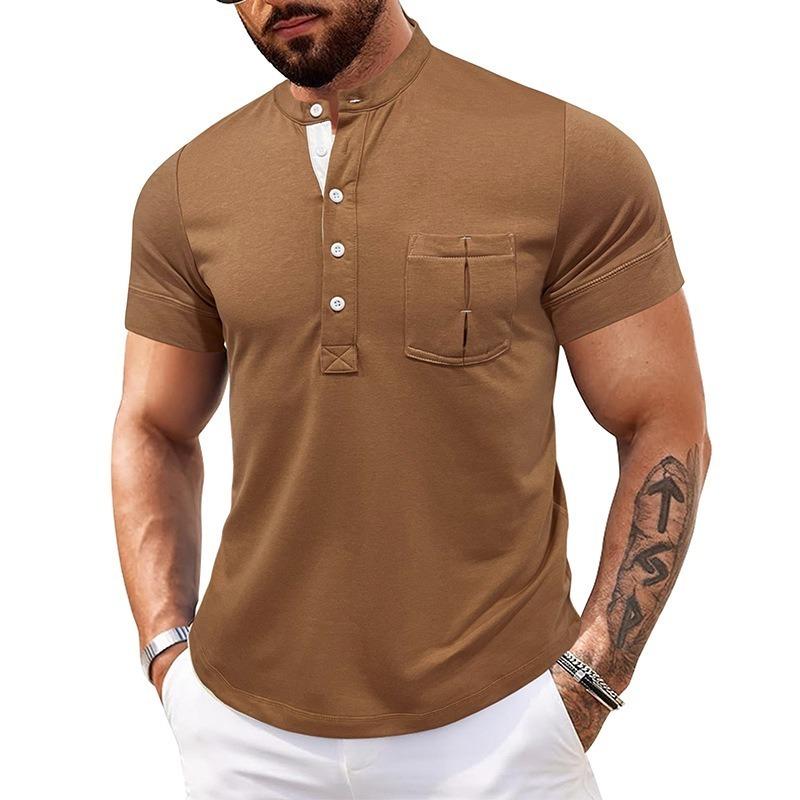 Men Black Stand Collar Henley Neck Short Sleeve T Shirt With Chest Pocket Casual Summer