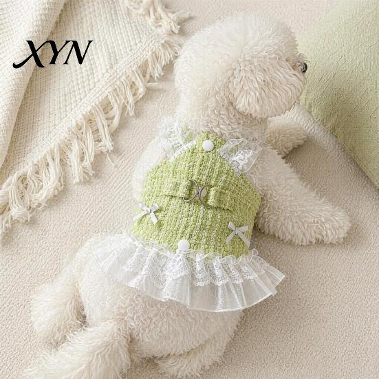 Spring Dog Clothing Sleeveless Tweed Dress, Ruffled Pet Dress with Lace Breathable Mesh Apparel Trim, Cute Summer Harness for Small Dogs Stylish