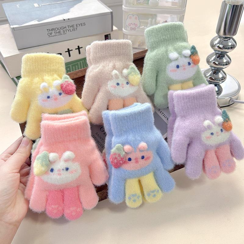 Cartoon Gloves Grass Plum Rabbit Children's Gloves Baby Full Finger Thickened Warm Year Old Full Finger Children New Gloves Cartoon