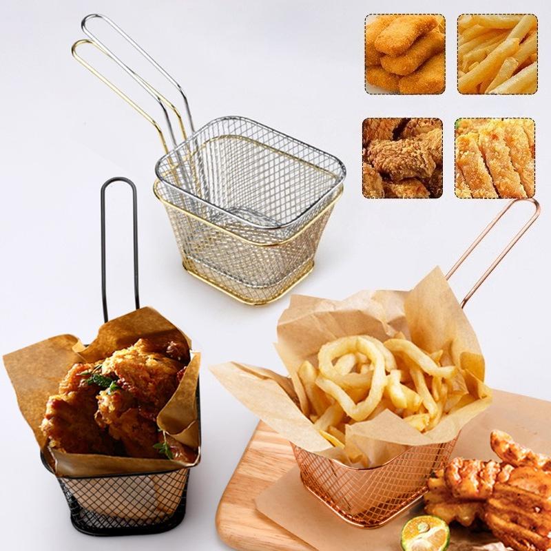 French Fry Serving Baskets Stainless Steel Fry Basket Mini Square Chicken Wings Holder for Restaurant Cafe Table Food Serving6
