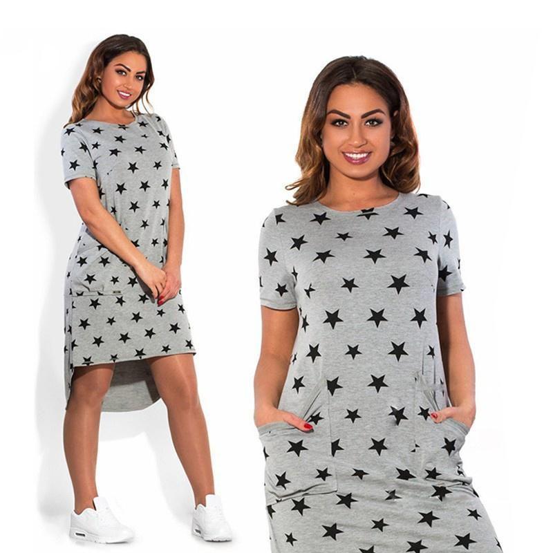 Летняя женская одежда с принтом звезд, свободного кроя, длиной до колена, повседневное платье из смесового хлопка