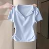 Женская приталенная рубашка поло с коротким рукавом и V-образным вырезом в корейском стиле с плиссированной талией
