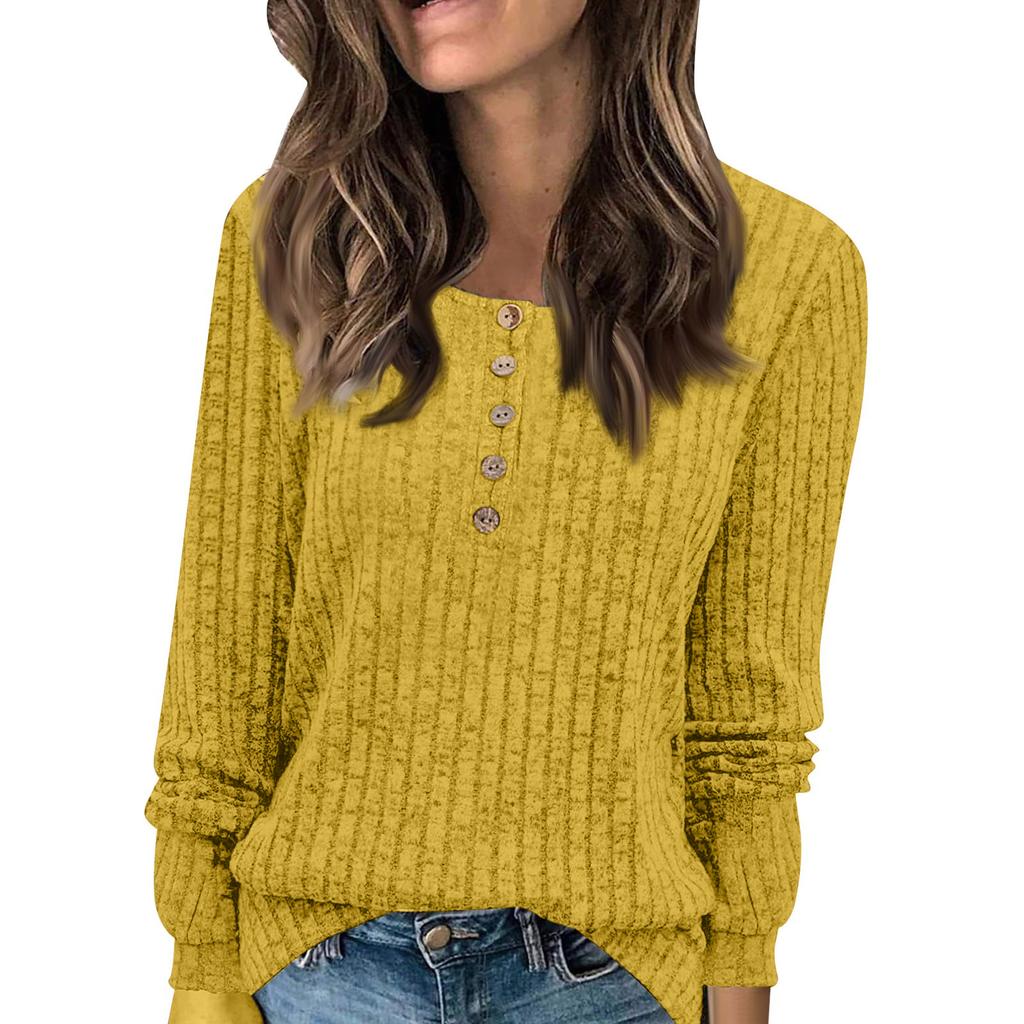 Women's Fashion Long Sleeve Pullover T-Shirt Solid Color Button Top