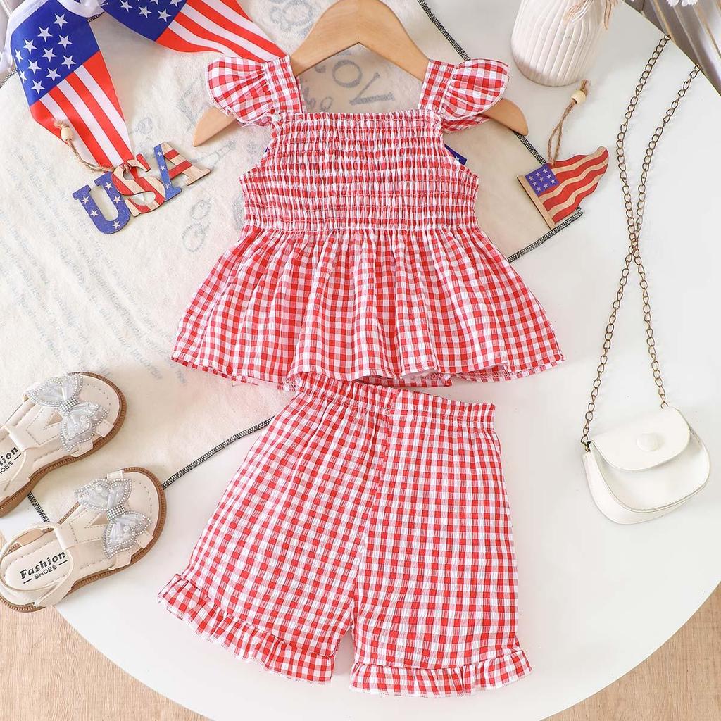 Hot Selling Patriotic Infant Girls Clothing Set Star Bow Fly Sleeve Top Plaid Shorts 2 Piece Outfit With Heart Embroidery For 0 3 Years Old Daily Wear
