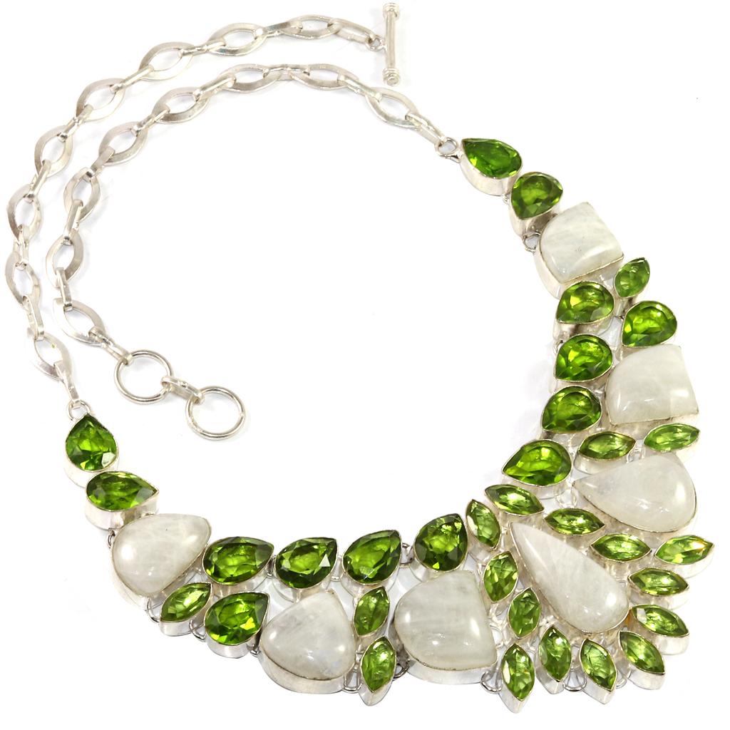 Серебряное ювелирное ожерелье с радужным лунным камнем и перидотом 16-18 дюймов