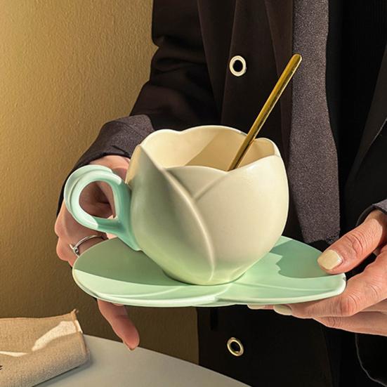 1 комплект кофейной чашки, керамическая кофейная кружка-тюльпан с подставкой, гладкая поверхность, термостойкая чайная чашка для дома