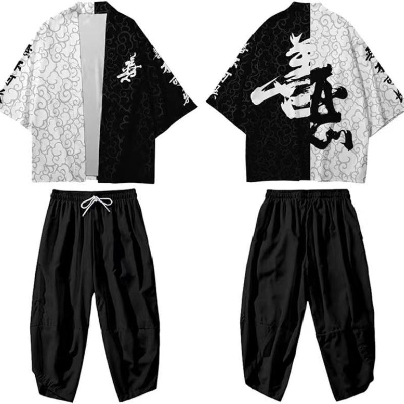 Кардиган в национальном стиле с изображением журавля, плащ-костюм, 3D-печатный дракон, тотем, укиё-э, кот, брюки-кимоно, халат