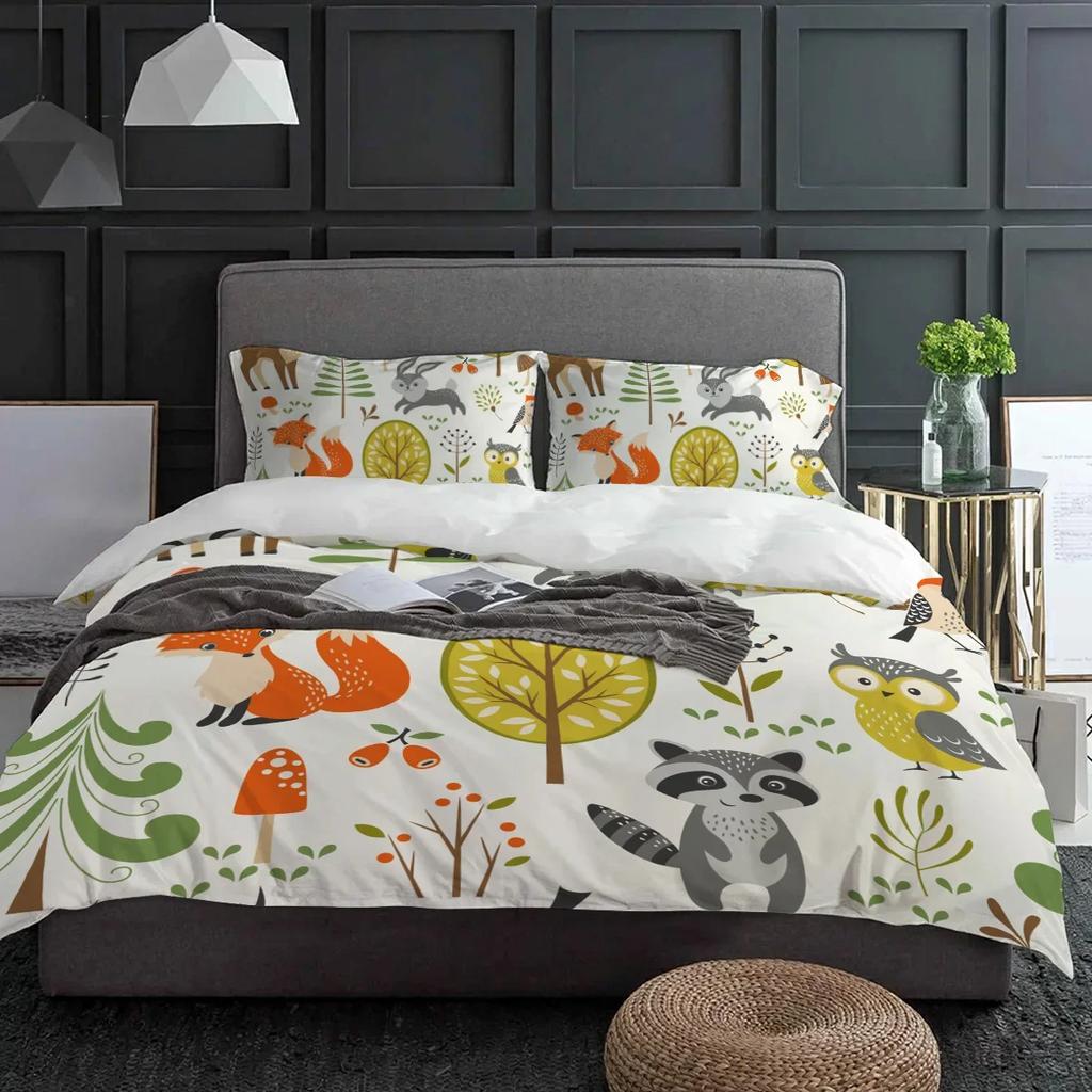 Лес Мультфильм Животные Мир Лиса Кролик Сова Комплект постельного белья 3 шт. Пододеяльник Наволочка Одеяло Покрывало Двуспальная кровать Домашний текстиль