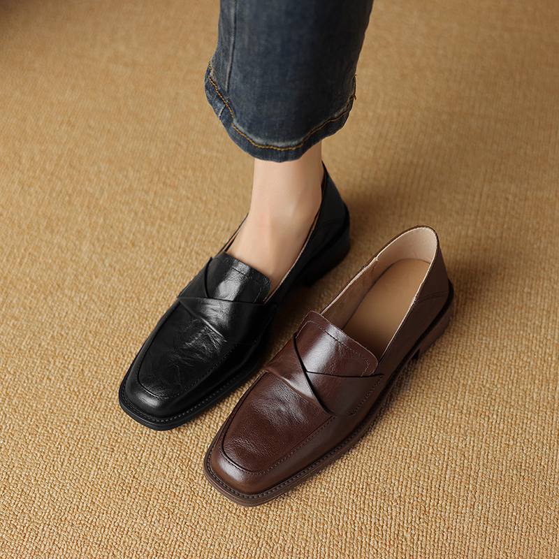 Krazing Pot Cow Leather Square Toe Thick Med Heels Spring Shoes Loafers Oxford Shoes Daily Wear Women Pumps
