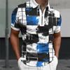 Мужская рубашка-поло, повседневная рубашка на молнии с коротким рукавом, модная повседневная рубашка на молнии на лето и весну, стандартная посадка, синяя рубашка с 3D квадратным принтом
