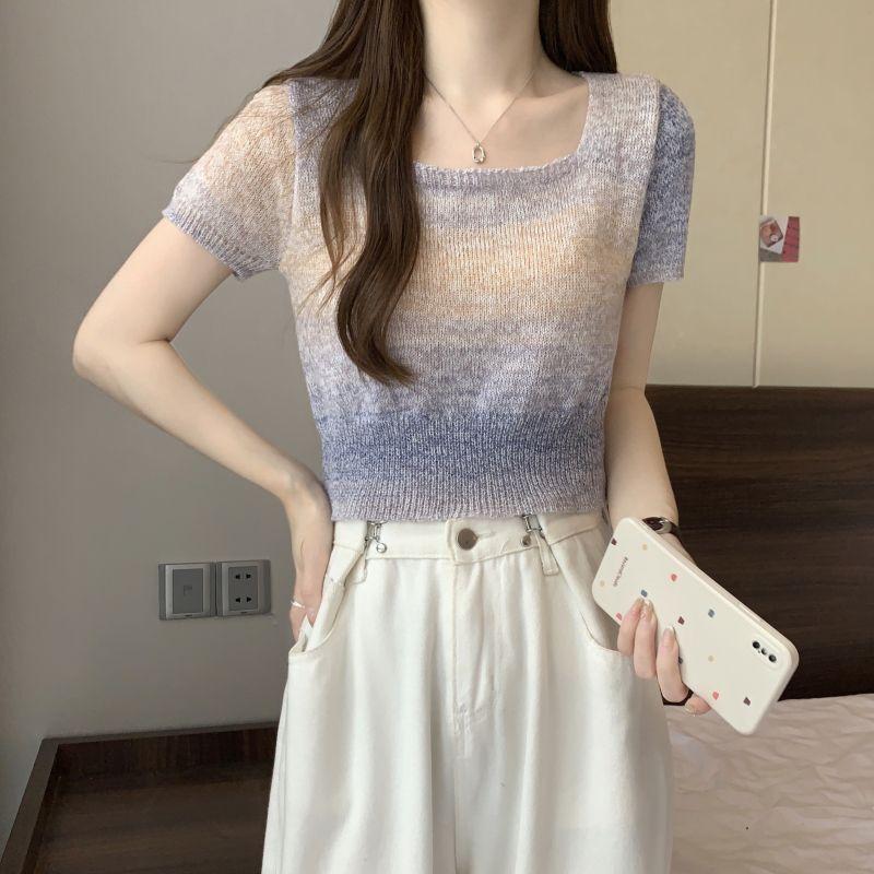 Color Blocked Square Neck Short Sleeved Knitted Sweater for Women In Summer Retro and Niche Short Style Slimming Top