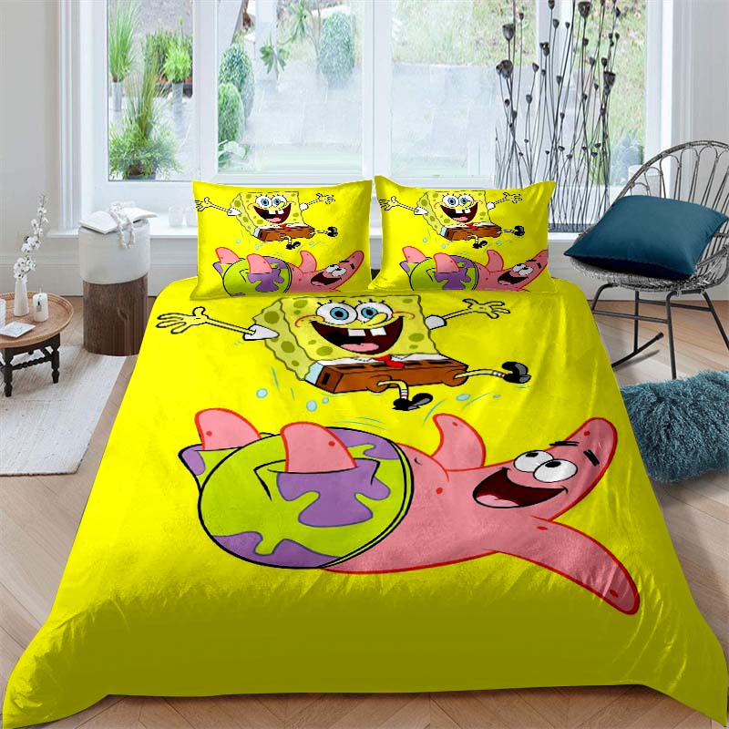A variety of SpongeBob SquarePants patterned bedding sets, soft duvet covers and pillowcases, suitable for teenagers, children a