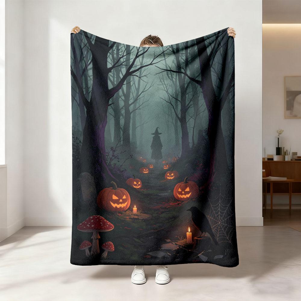 1pc Halloween Dark Forest Pumpkin Lantern Wizard 230g Flannel Blanket, Soft Cozy Throw Blanket For Sofa Lounge And Daily Nap
