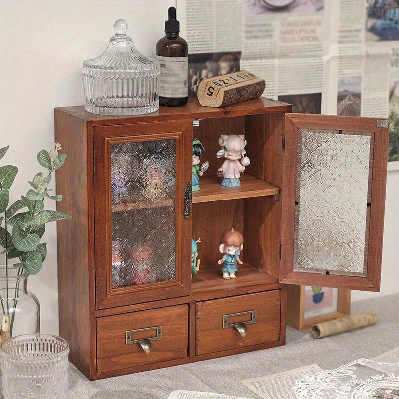 40*35*16cm1pc Vintage Double Door cosmetics&souvenir&Cup Sorting Storage Cabinet with Two Drawers,Nordic Style Household Wooden Cabinet.