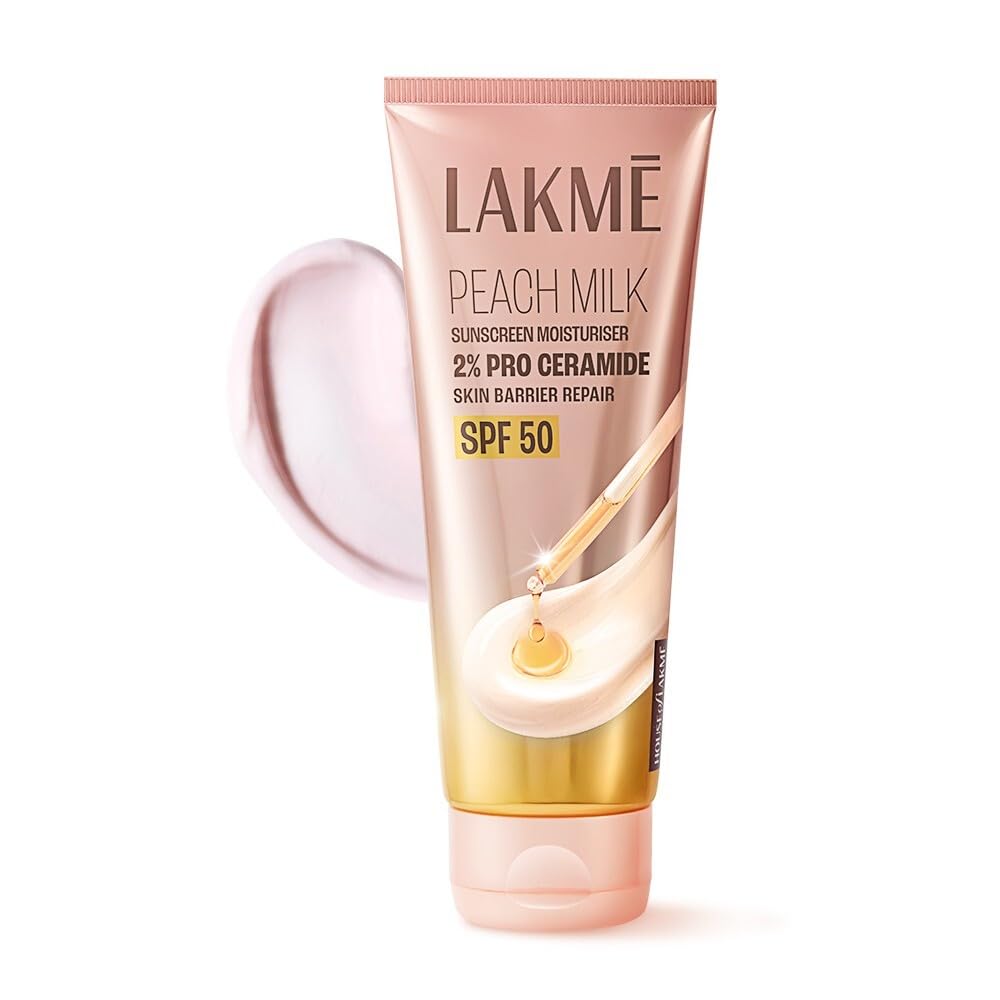 Lakme Персиковое Молоко Солнцезащитный Увлажняющий Крем SPF 50 PA+++ с 2% Про-Керамидами и Пептидами | Ежедневный Крем для Лица 2-в-1 | Легкий, Нежирный и Устойчивый к Поту