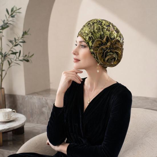 yangyizhi Turban Hat, Lace Hollow Design Headwrap with 3D Flower Decoration, High Elastic Fit Summer Cap for Retro Style Headwear