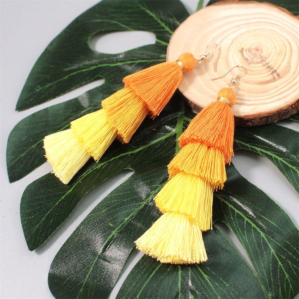 Stud Silk Fabric Boho Gradient Dangle Drop Earrings Multilayer Drop Long Tassel Earrings Bohemian