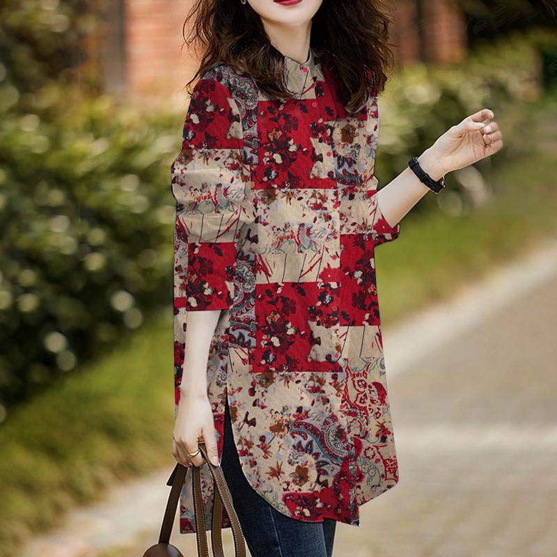 ZANZEA Женская повседневная хлопковая блузка с круглым вырезом и длинным рукавом с цветочным принтом