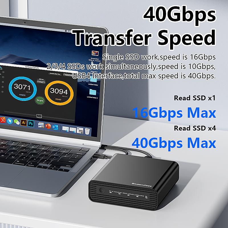 4 Bay NVMe RAID Enclosure USB4 40Gbps M.2 SSD Case 32TB Aluminum External Storage Box for Mac Windows Linux