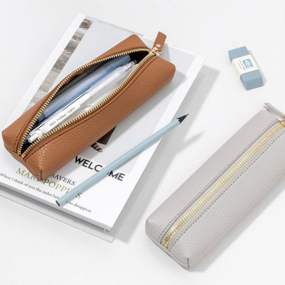 Zipper Vintage Leather Pencil Bag Protective Bag Desktop Organizer Pen Case Storage Bag Waterproof High-end Pencil Pouch Holder