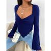Women's T-shirt Vacation V-neck Trumpet Sleeve Waist Irregular Knitted Long-sleeved T-shirt Top