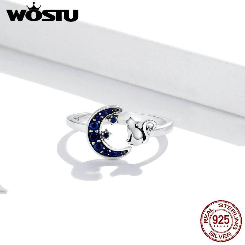 WOSTU Moon Cat Open Ring 925 Sterling Silver Blue Zircon Adjustable Size Animal Ring For Women Fingers Trendy Jewelry CQR677