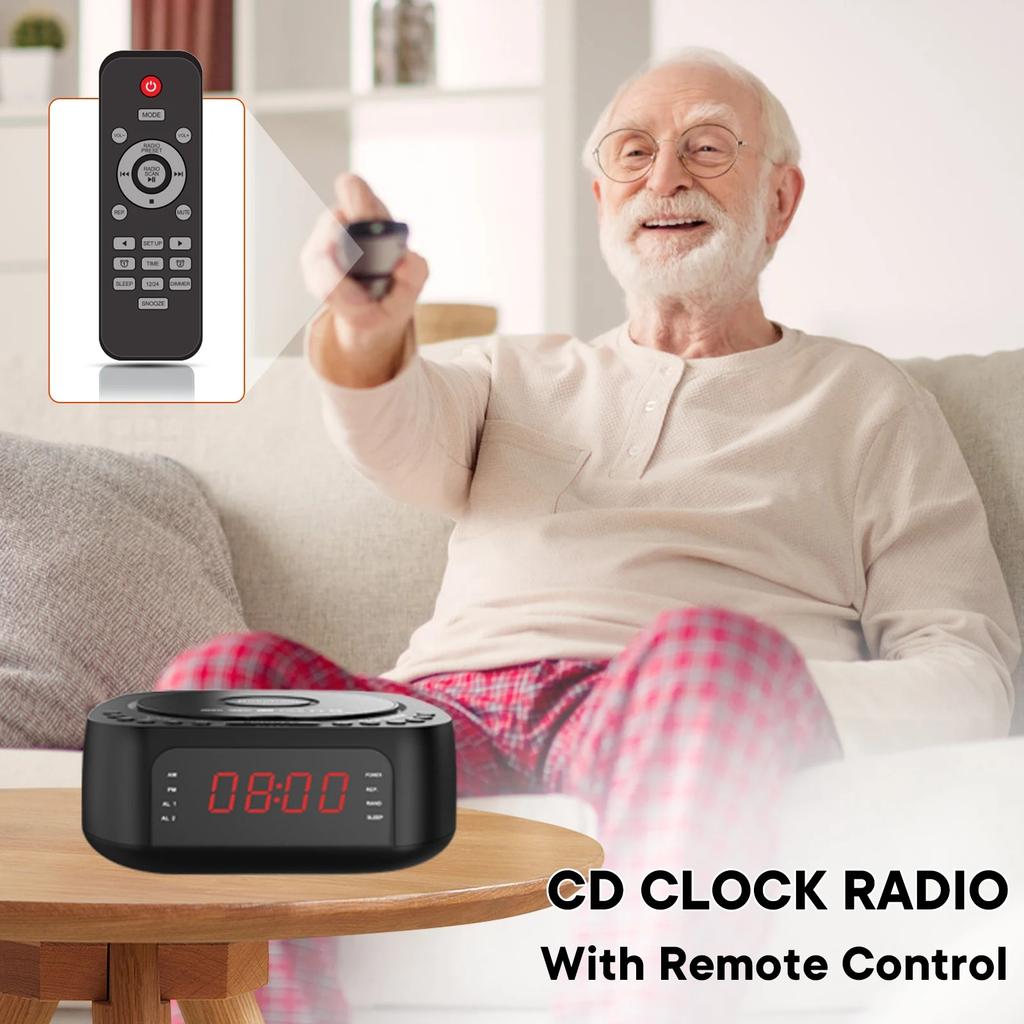 CD-проигрыватель Будильник с пультом, CD/MP3 Bluetooth FM-радио со встроенными динамиками, USB-зарядка, Регулируемый светодиодный дисплей, двойные будильники для спальни