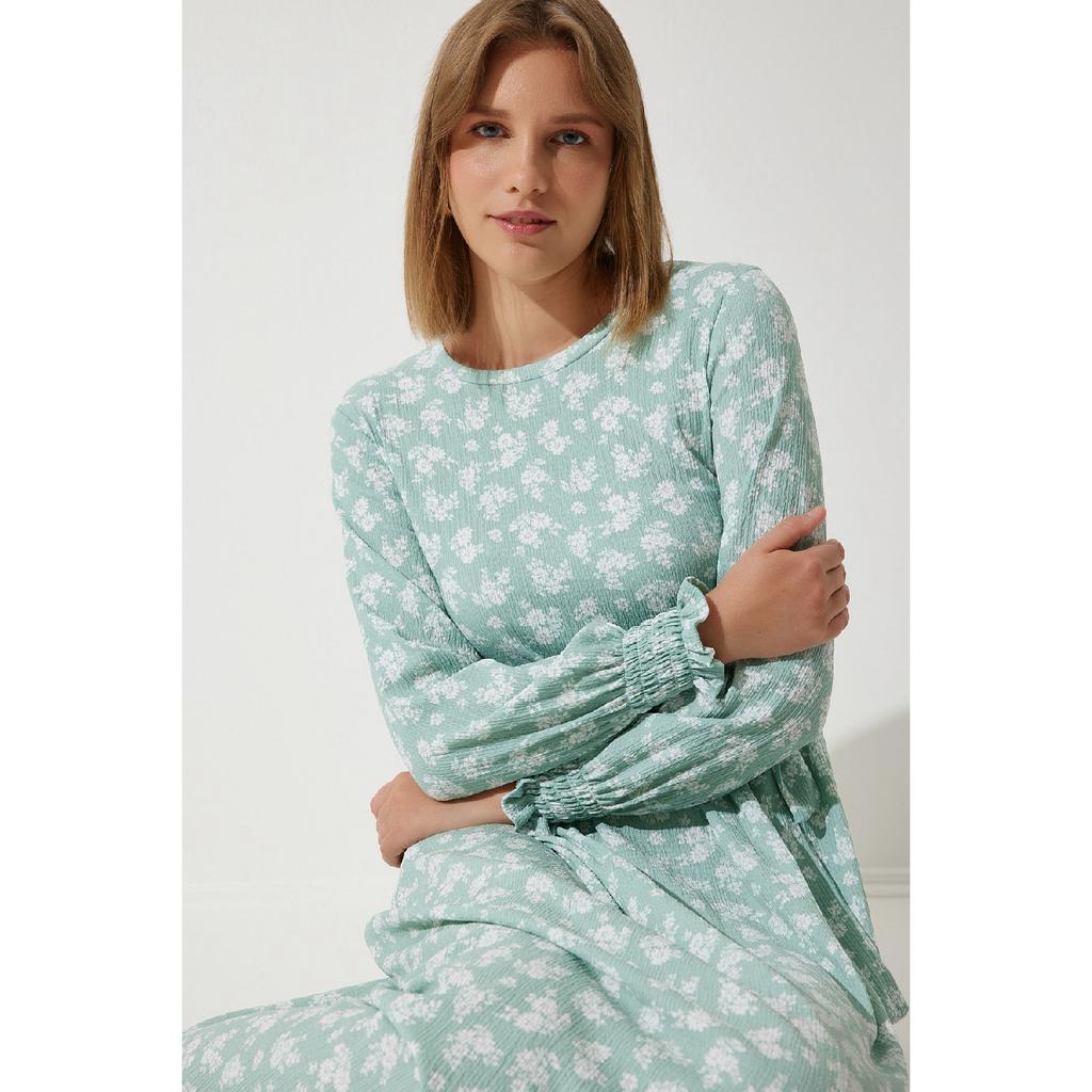 Women's Sky Blue Floral Summer Long Knitted Dress Dd01322